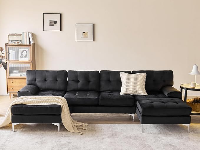 Wimarsbon 106” U-Shaped Couch with Double Chaise Modern Upholstered 4-Seat Sectional Sofa Set for Living Room Bedroom Apartment Easy to Assemble (Black/Velvet)
