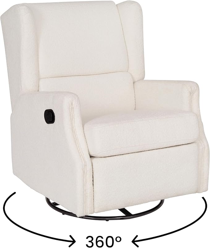 Flash Furniture Omma Swivel Glider Rocking Recliner Manual Wingback Recliner with 360 Degree Swivel for Living Room Bedroom or Nursery Upholstered Off-White Boucle