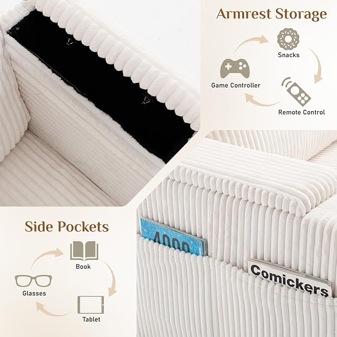 110 Oversized Cloud Couch U Shaped Modular Sectional Sofa L Shaped Sectional Couches for Living Room Comfy Corduroy Cloud Sofa with Ottoman USB Port Cup Holder Armrest Storage Side Pocket Beige