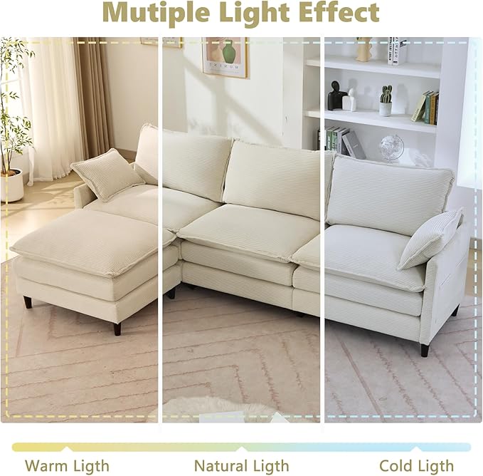 SAMERY 113 Modular Sectional Sofa Comfy Cloud Couch with Movable Ottoman Pillows Deep Seat Corduroy Modular Sofa L Shaped Cloud Sectional Couches for Living Room Bedroom Apartment Beige