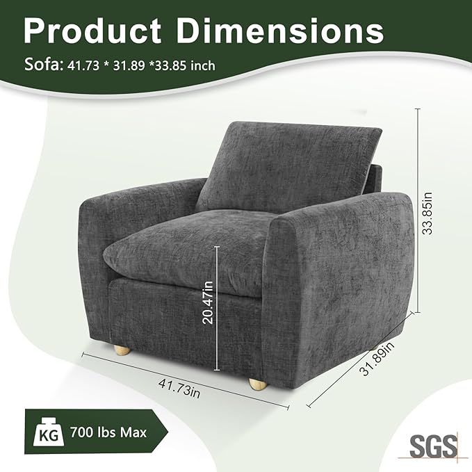 Brelice 2-in-1 Sofa Chair with Removable Arms Deep Seat Ergonomic Accent Chair Plush Chenille Fabric for Modular Living Room Sectional High Resilience
