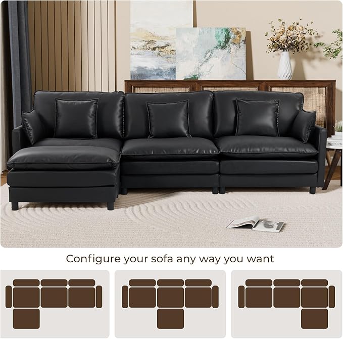 L Shaped Cloud Sofa 4-Seater Modular Couch with Double Layer Upholstered Seat Cushion PU Sleeper Sofa with Ottoman &amp Pillows Comfort Couches for Living Room Bedrooms &amp Apartments Black