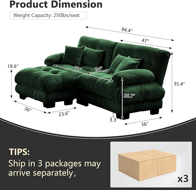 94.4 Convertible Modular Sectional Sofa Modern L-Shaped Couch with Ottoman Comfy 2 Seater Cloud Loveseat Sofa with Deep Seat Upholstered Chenille Couches for Small Space Living Room Green
