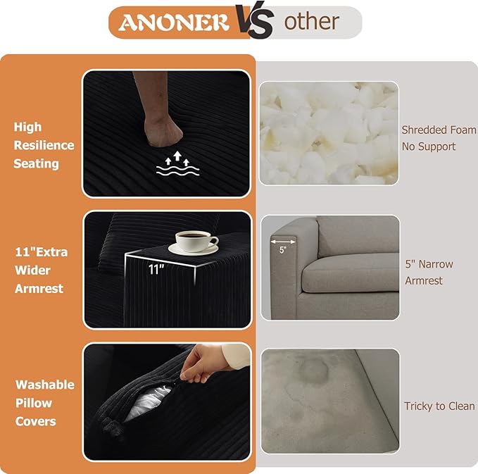 ANONER 103 L-Shaped Sofa Bed Cloud Couch Modular Sectional Corner Sofa with Deep Seat Modern Minimalist Boneless Couch with Chaise Free Combination Couches for Apartment (Black)