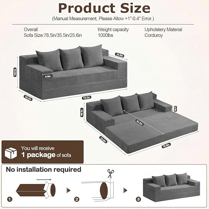 Convertible Sofa Bed 78 Oversized Boneless Loveseat Couch 2 in 1 Foldable Futn Bed Couch in A Box Folding Sleeper Sofa Chair for Living Room No Assembly Required Grey
