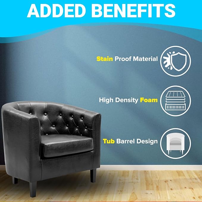 Naomi Home Emma Faux Leather Barrel Accent Chair – Modern Tufted Faux Leather Armchair with Wooden Legs Wide Seat Enhanced Back Support for Living Room Décor