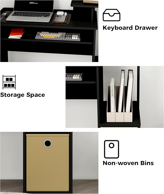 Small Computer Writing Desk with Drawers Home Office Desk with Storage Shelves for Home Office Bedroom Black/Brown