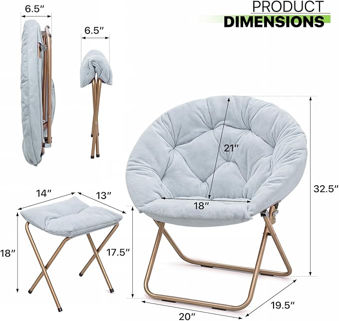 Magshion Folding Saucer Chair for Adults with Ottoman Circle Reading Chair for Bedroom Living Room &amp Dorm Furry Comfy Accent Seat with Metal Leg &amp Thick Padded for Small Spaces (Blue 1 Pac
