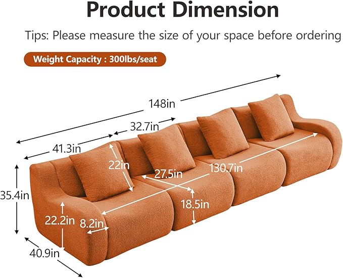 Orange 4-Seater Cloud Couch Modern Teddy Fabric Boneless Sectional Sofa in a Box for Living Room Modular Floor Couch Comfortable Deep Seat No Assembly Required Sofas para Sala