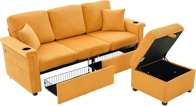 76'' Sectional Sofa Couches for Living Room 3 Seat L-Shaped Couch with Storage &amp Ottoman Corduroy Convertible Sofas with Chaise Apartment with USB Charging Cup Holder (Mustard Yellow)
