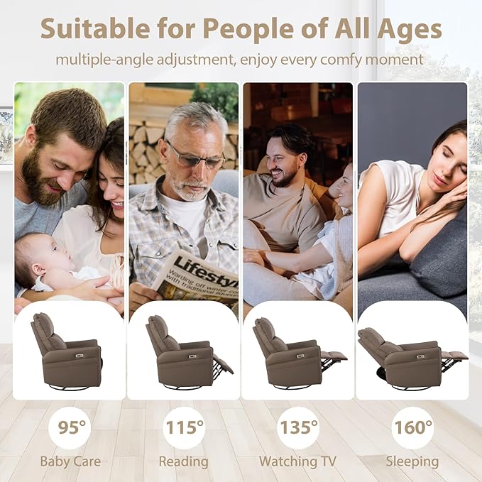 cinkehome Power Swivel Rocker Recliner with USB Overstuffed Electric Reclining Chair Faux Leather Rocker Recliner for Nursery Living Room Brown