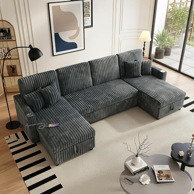 110 Sleeper Sectional Sofa Comfy U Shaped Couch with Pull Out Bed Convertible Corduroy Cloud Sofa with Double Storage Chaise USB Small Desktop Modular Couch for Living Room Dark Grey