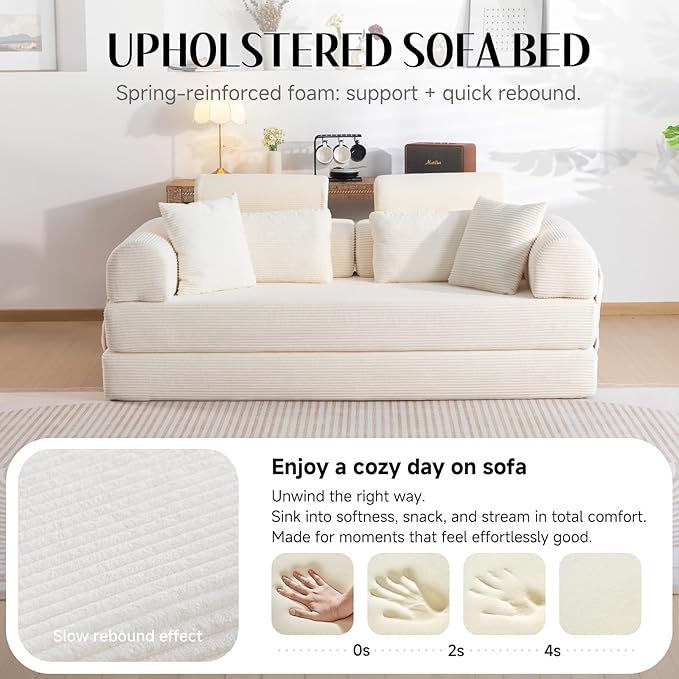 Upgrade Sofa Bed Convertible Boneless Couch for Small Spaces with High Backrest Design Fixed-Shape Frame &amp Removable Armrests and Backrest 2 Corduroy Pillow No Assembly Beige