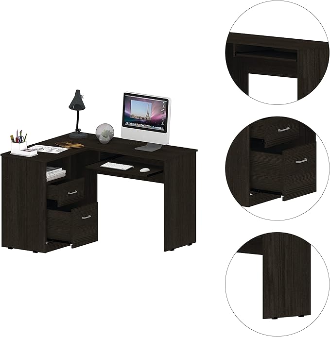 Home Office Desk Glendale 2-Drawer 1-Shelf L-Shaped Computer Desk Black Wengue for Study Office Small Apartment