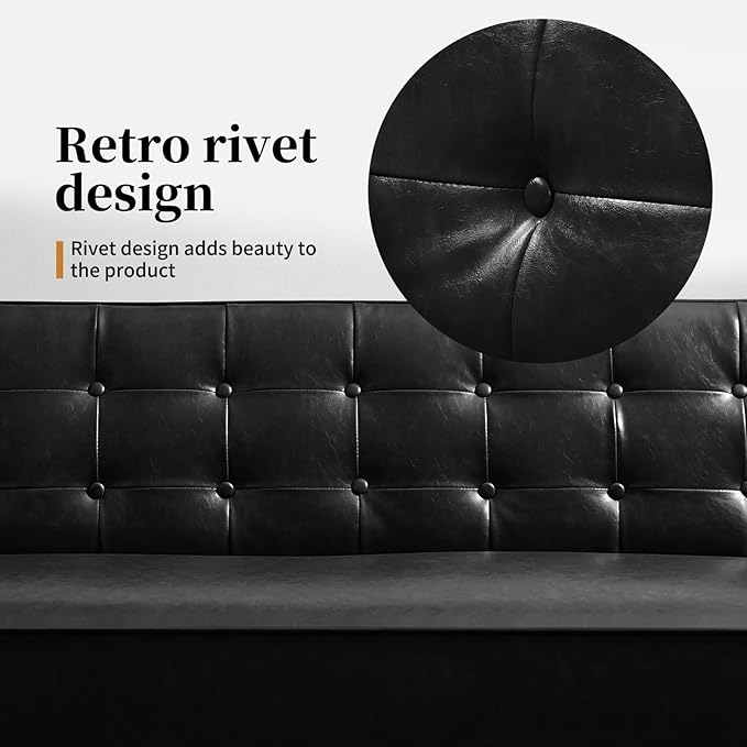 Faux Leather Couch Mid Century Modern Sofa with Memory Foam Comfy 3 Seater Couch for Small Spaces Living Room Office Black