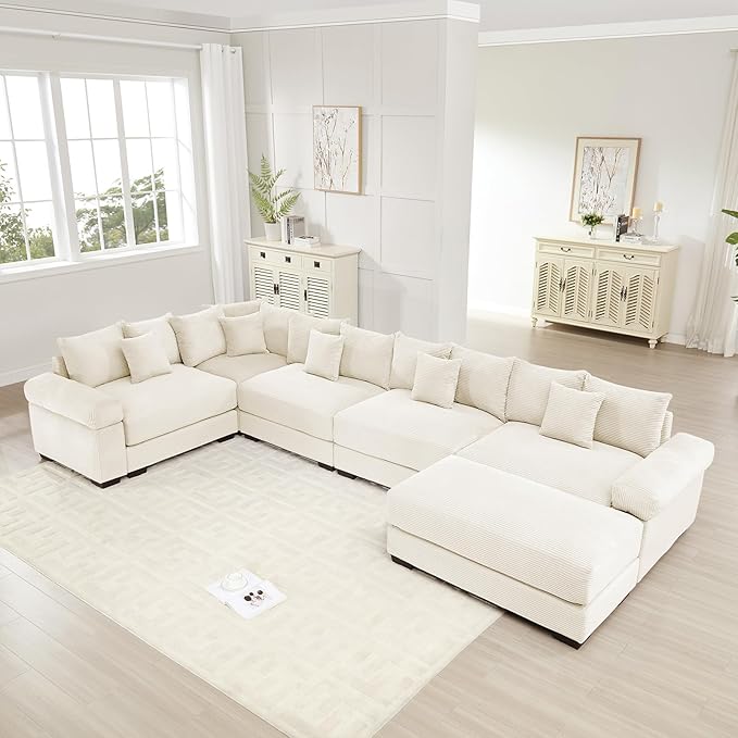 Ottoman for Modular Sectional Sofa Corduroy Oversized Sectional Couches for Living Room Bedroom Apartment Deep Seat Cloud Sofa Couch Sofá para Sala White