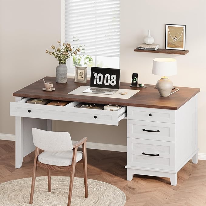 IDEALHOUSE Rustic Wood Double Desk with Built-in Charging Station &amp 4 File Drawers Spacious 2-Person Writing Table for Home Office Heavy-Duty Dual Workstation for Study &amp Work White and Bro