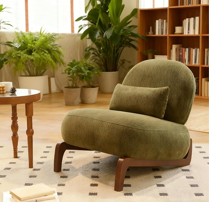 KEIKI Cute Comfy Accent Chair with Solid Wood Legs Velvet Upholstered Single Sofa Chair for Living Room Bedroom Balcony or Waiting Room Cozy Armless Cloud Chair Design Green