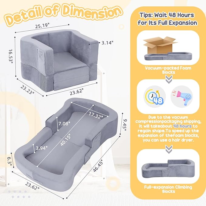 Toddler Travel Bed 2-in-1 Foldable Portable Toddler Bed Sofa Chair Soft Baby Kids Travel Floor Cot with Washable Covers Safety Foam Raised Bumper for Camping Hotel Sleeping (Grey)