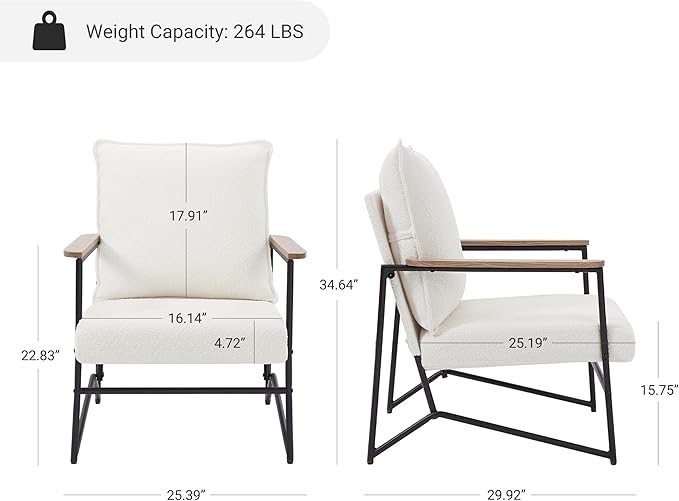 Zouron Fabric Accent Chair Upholstered Single Sofa Chair with Metal Frame Modern Living Room Chair with Wooden Armrests and Cushion Back 1Pcs White