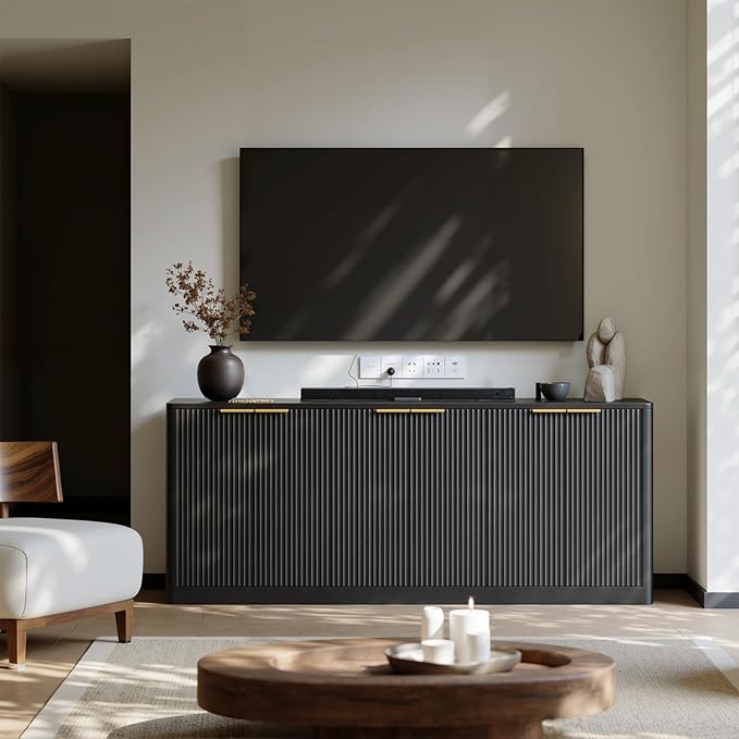 Evermagin 67 Black Fluted TV Stand for TVs up tp 75 Mid-Century Modern Entertainment Center with Storage Cabinets and Fluted Doors Wood Media TV Consoles for Living Room and Bedroom Furniture