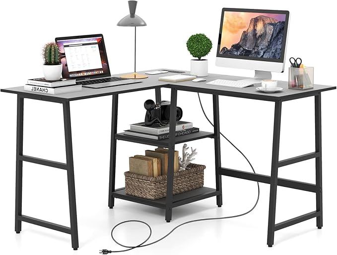 Tangkula 48” L Shaped Computer Desk Corner Study Writing Desk with Outlets &amp USB Ports Home Office Desk Computer Workstation with 2-Tier Shelf Executive Desk (Black)