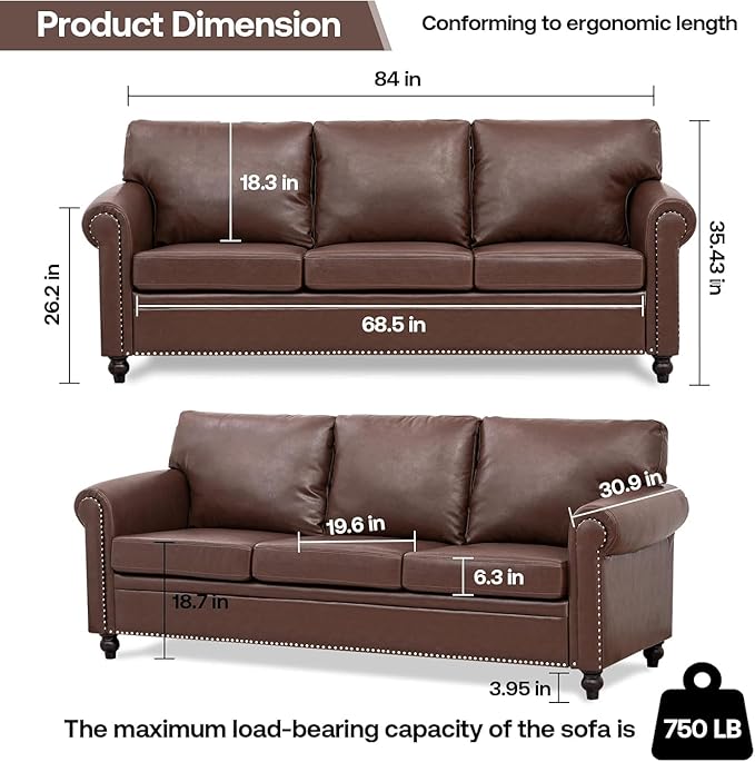 Brown Faux Leather Couch Comfy Classic 3 Seater Living Room SofaMid-Century Modern Sofa with Detachable Cushions 84 for Living Rooms Bedrooms OfficesApartments Tool-Free Assembly(Brown)