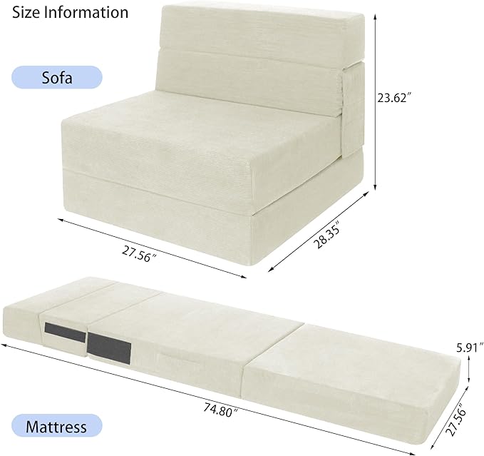 Sofa Bed Foldable Mattress Folding Sleeper Sofa Chair Bed Floor Mattress with Pillow for Living Room Home Office (Off White- Corduroy Single)