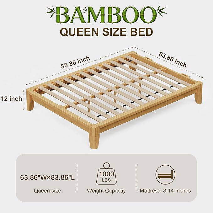 Dolonm Queen Solid Wood Bamboo Bed Frame Mid-Century Modern Bed Frame Floating Center Support Legs Sturdy Solid Wood Slat Easy Tool Free Set Up（Queen Natural）
