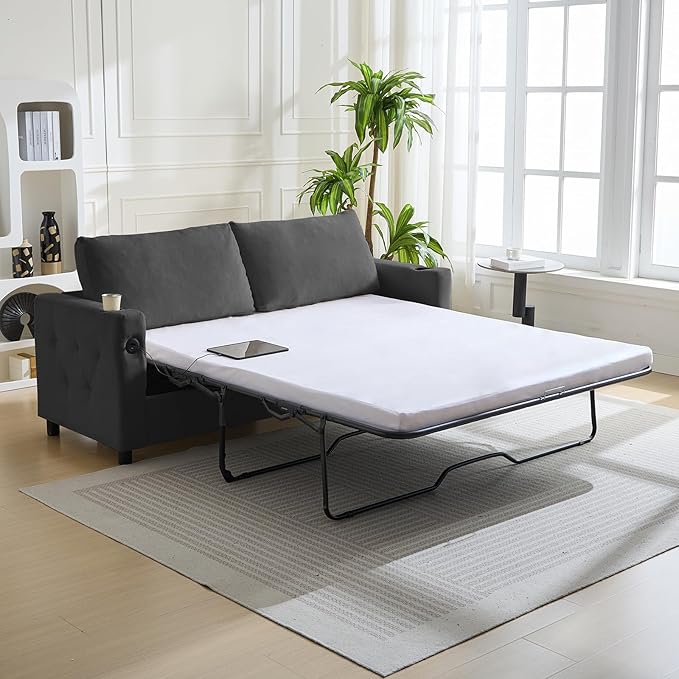 PUREMIND Queen Sleeper Sofa Couch 69 Velvet Pull Out Sofa Bed with Folding Foam Mattress 2-in-1 Sleeper Loveseat with USB &amp Cup Holders Pull Out Bed for Living Room Small Spaces Dark Grey