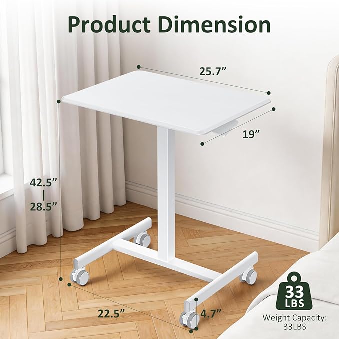 Mobile Standing Desk Adjustable Height Rolling Sit-Stand Laptop Desk with Lockable Casters Portable Compact Computer Table for Home Office Dorm White