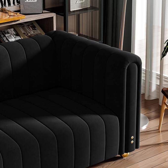 81.3'' Black Velvet Sofa Couch with Gold Metal Ball Legs Modern Mid Century Oversized 3-Seater Loveseat Comfy Couches for Living Room Office and Apartment