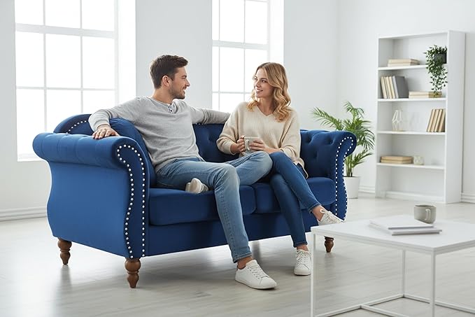 Anna1 Chesterfield Velvet Couches for Living Room Button Tufted Luxury Upholstery with Rolled Arms High-Density Foam Durable Wood Frame 65.5 Loveseat Blue Mist