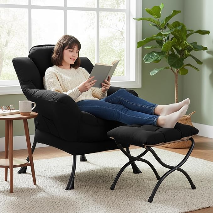 Lazy Chair with Ottoman Modern Accent Chair Contemporary Lounge Leisure Sofa Chair with Armrests Reading Chair and Folding Footstool Set for Living Room Bedroom Office Black
