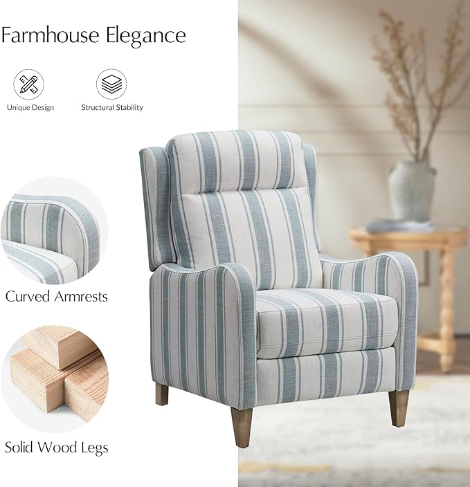 HULALA HOME Pushback Recliner Chair with Solid Wood Legs Fabric Striped Comfy Upholstered Seating with Footrest Armchair for Living Room/Reading Blue