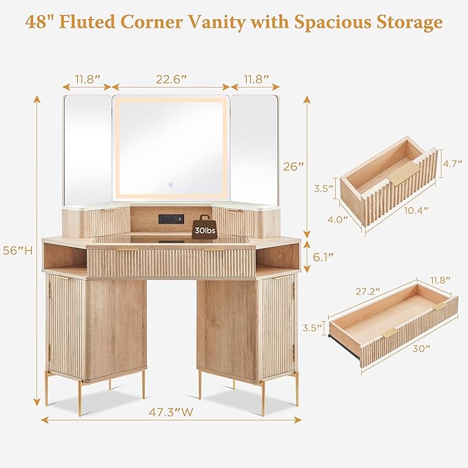 T4TREAM 48 Fluted Makeup Vanity Desk with HD Triple Mirror and Lights Large Lighted Corner Vanity with Glass Top Modern Dressing Table with 3 Drawers &amp 2 Cabinets for Bedroom Natural Oak