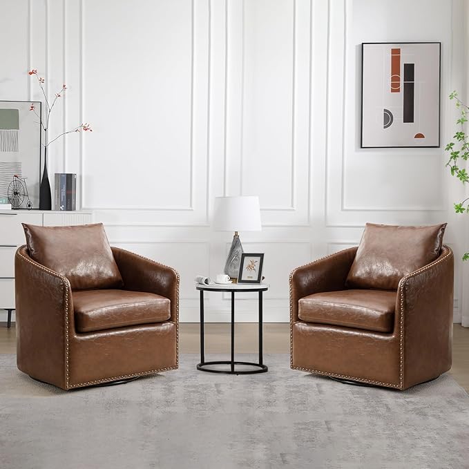 360 Degree Swivel Accent Chair Set of Two with Plump Back Pillow Waterproof Oil Waxed PU Leather Swivel Armchair with Rivets Comfy Vintage Round Barrel Chair for Living Room