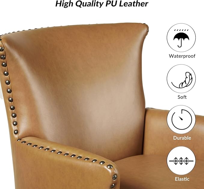 HULALA HOME Faux Leather Accent Chair with Arms for Living Room Modern Leather Single Sofa Armchair with Nailhead Trim Vegan Leather Wingback Accent Chair Lounge Sofa Chair Camel-S2