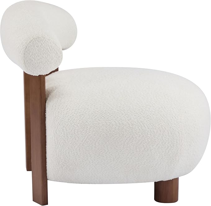 Christopher Knight Home Elvina Boucle Fabric Accent Chair Solid Wood Single Lounge Sofa Bedroom Comfy Reading Chair for Modern Minimalist Style Living Room/Home Office Milky White+Walnut