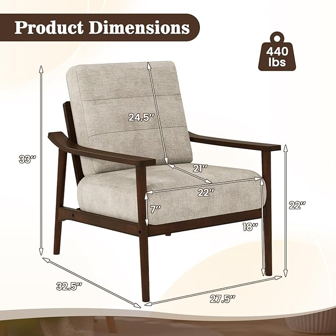Giantex Mid Century Modern Accent Chair Max Load 440 LBS Upholstered Living Room Chair with Rubber Wood Armrests &amp Legs Removable Back Cushion Comfy Reading Arm Chair for Living Room Bedroom
