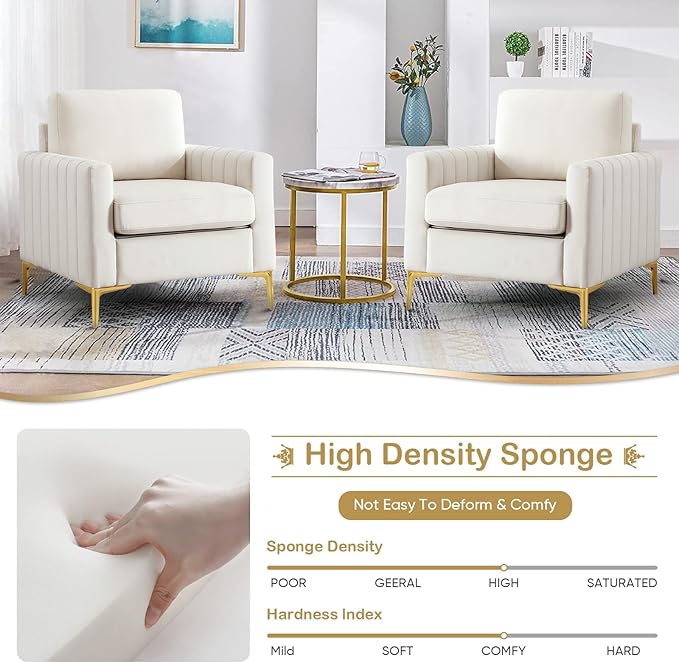 SLEERWAY Tufted Velvet Accent Chair Mid Century Modern Comfy Living Room Furniture Set Bedroom Club Lounge Reading 5.5 inch Cushioned Golden Legs (Beige Single Sofa Chair)