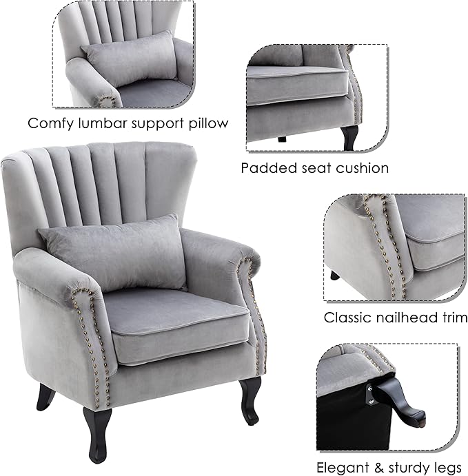 chairus Mid-Century Modern Accent Chair Comfy Single Sofa Chair Channel Back Armchair with Small Pillow for Living Roon Bedroom Club - Velvet Grey