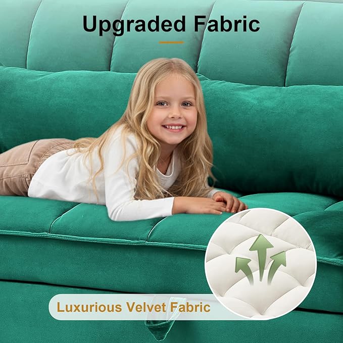 Dreamzie 3 in 1 Convertible Sleeper Sofa Bed 55'' Loveseat Sleeper Sofa Pull Out Couch Bed with Side Pocket &amp Adjustable Backrest for Living Room Velvet Fabric Green