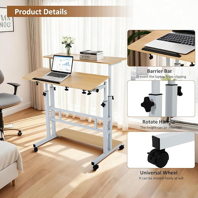 FAHKNS Small Standing Desk Adjustable Height Portable Standing Desk with Wheels Mobile Stand Up Desk for Home Reading Desk and Office Work