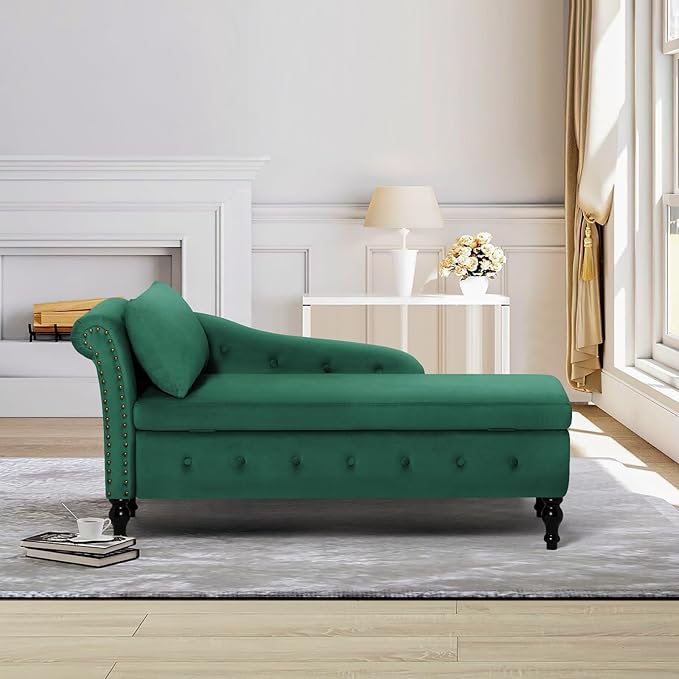 Upholstered Chaise Lounge with Left Armrest &amp Lumbar PillowButton Tufted Lounge Sofa with StorageLounge Chair IndoorModern Velvet Lounge Chair for Bedroom Living Room and OfficeGreen