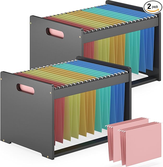 Hanging File Organizer Box for Letter Size 2 Pack Bamboo File Folder Organizer Storage Moving Boxes with Handle Wood Desk Filing Box for Office Banker Document