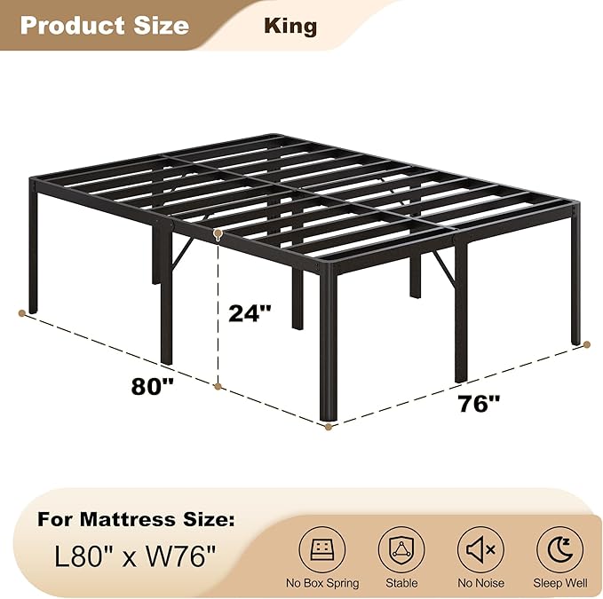 24 Inch High King Bed Frame with Rounded Corner Heavy Duty Metal Bed Frame King Under-Bed Storage Space No Box Spring Needed Noise Free Easy Assembly Black