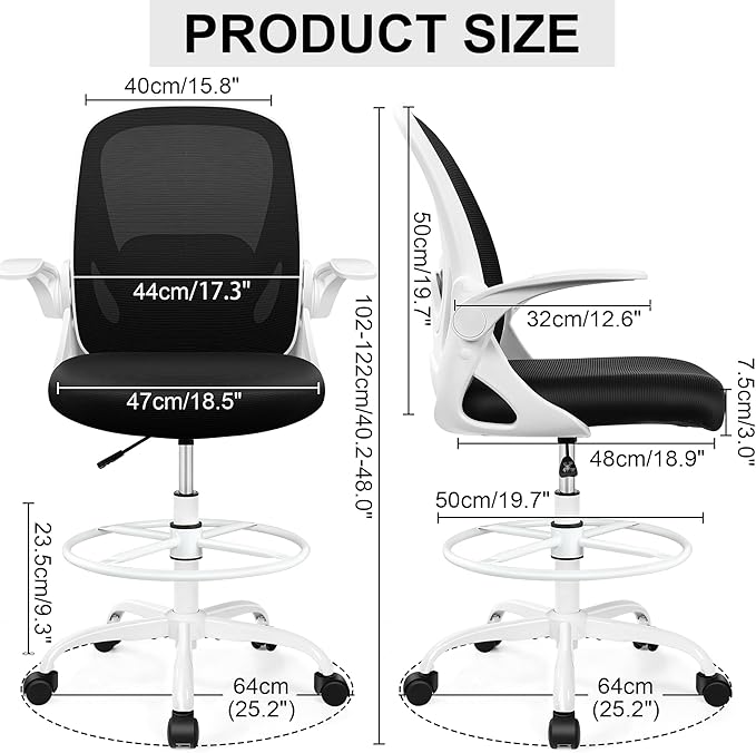 Drafting Chair Tall Office Chair with Flip-up Armrests Adjustable Height and Enhanced Lumbar Support - Ergonomic Rolling Stool Back Support and Adjustable Foot Rest Ring for Standing Desk White