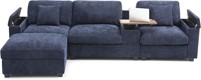 Oversized L-Shaped Modular Sectional Sofa with Storage Armrest Reversible Couch with Movable Ottoman USB Ports Cup Holders 360°Swivel Tray Comfy Cloud Cushions for Living Room or Apartment Blue