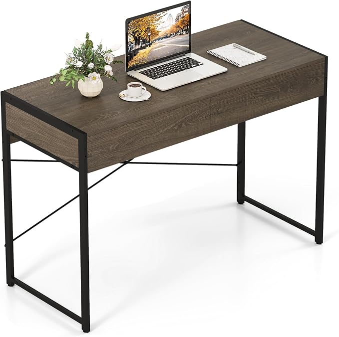 GOFLAME Modern 2-Drawer Computer Desk Home Office Desk w/Reinforced Heavy-Duty Metal Frame Versatile Study Writing Desk w/Anti-Tip Kit Ideal for Study Office Small Spaces (Wash Grey)